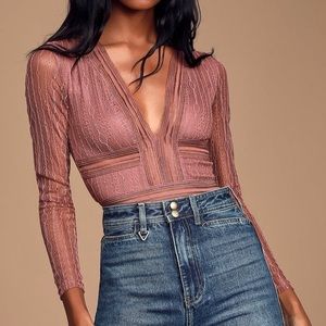 Lulus Mauve Pink Sheer Lace Long Sleeve Bodysuit